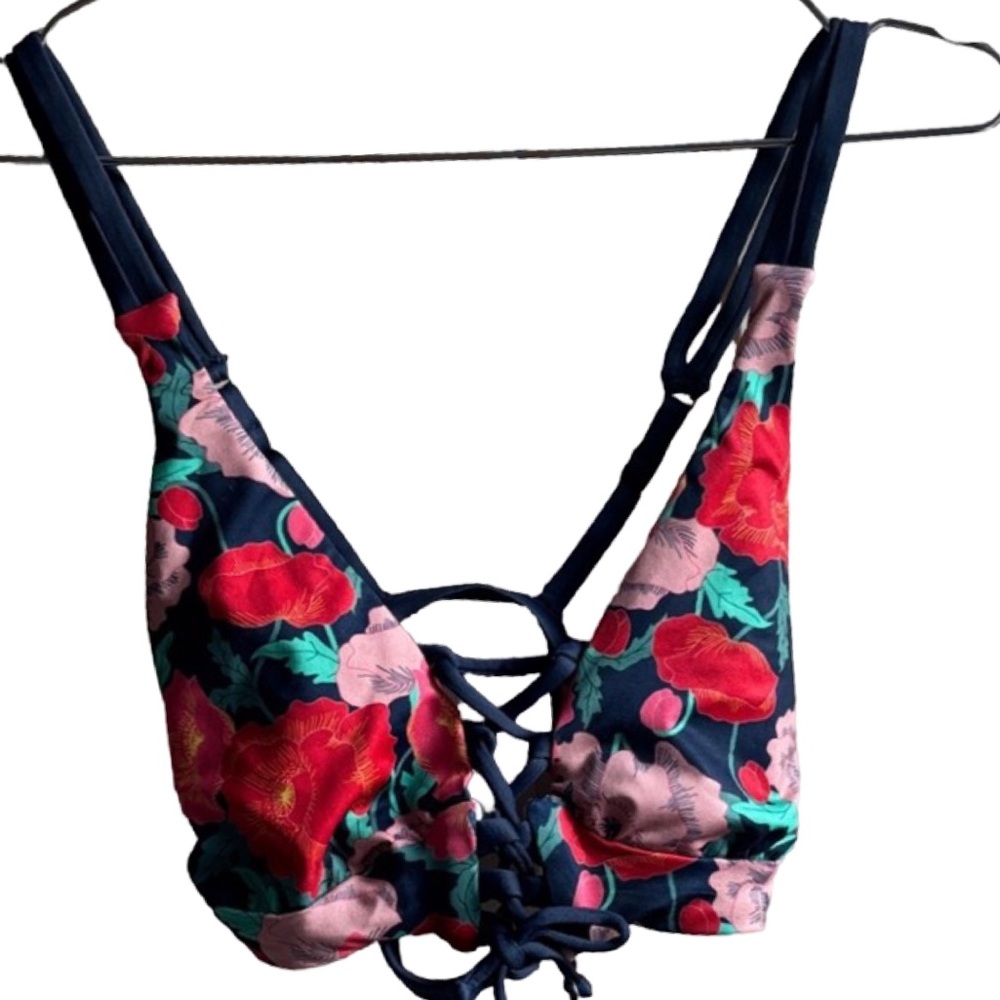 Yandy  Lace-Up Bikini Top - Navy Red & Pink Floral NWT SMall beach lingerie